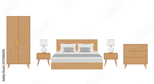 A modern light brown wooden bedroom furniture set with a double bed wardrobe and chest of drawers.