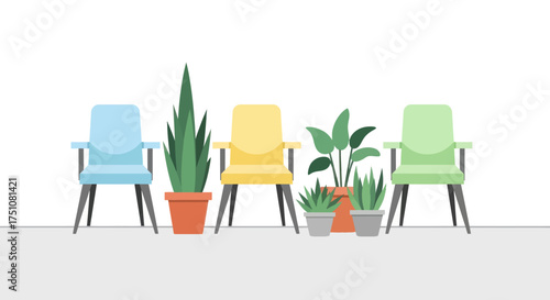 Colorful Chairs and Potted Plants Arrangement in a Waiting Room.