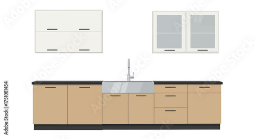Modern Kitchen Cabinets and Countertop with Sink Vector Illustration.
