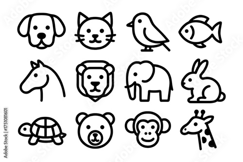 Cute animal outline icons set with dog, cat, bird, fish, elephant, and more