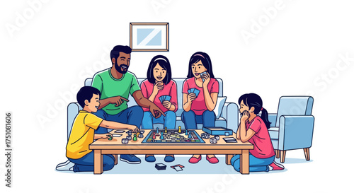 Happy Diverse Family Playing Board Game Together at Home Illustration.