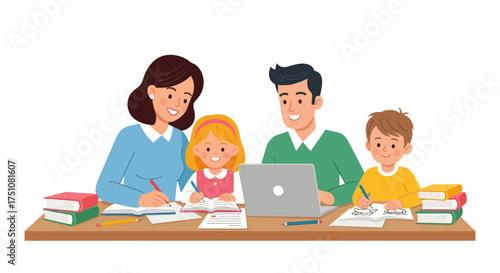 Family learning together at a desk with books and a laptop.