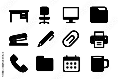 Office essentials icons: black silhouette set for business design