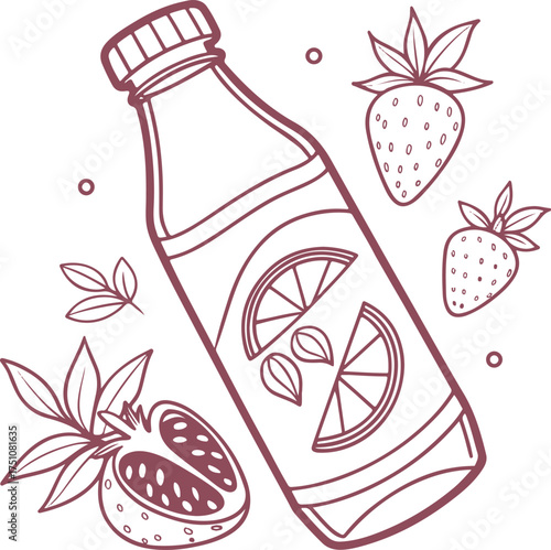 Hand Drawn Fruit Juice Bottle with Strawberries and Citrus Slice Illustration