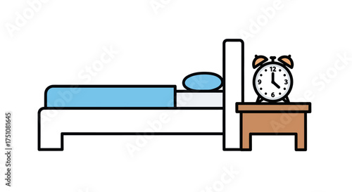 Simple cartoon bed with blue bedding and alarm clock on nightstand illustration.