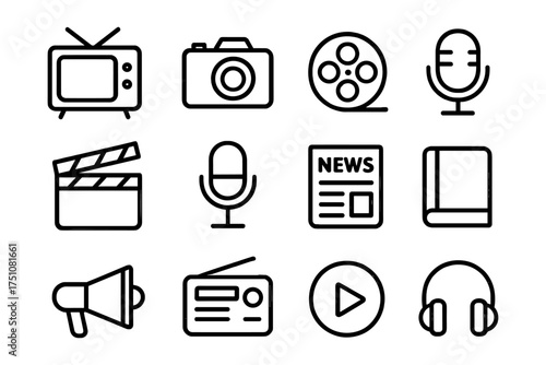 Linear media icons set: tv, camera, film reel, microphone, news, book, megaphone, radio, play button, headphones