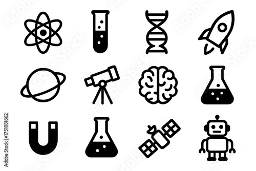 Science and technology icons: minimalist space, lab, and innovation symbols