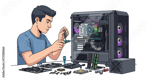 Young man assembling desktop PC with open case visible components and tools.