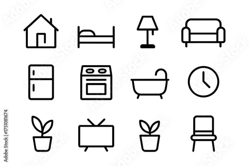 Minimalist household icons set featuring furniture, appliances, and decor elements