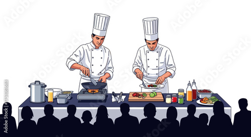 Two Chefs in Uniforms Demonstrating Culinary Skills at a Cooking Station.