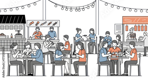 Lively outdoor street food market with people dining and vendors.