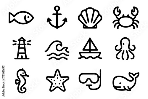 Nautical icons set: marine life and ocean themes in linear style