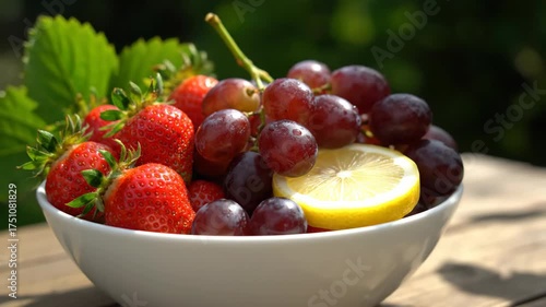 Bowl of fresh strawberries, grapes, and lemon on wooden surface