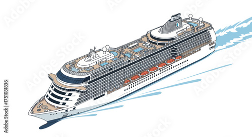 Large Modern Cruise Ship Sailing on Water Aerial View Illustration.
