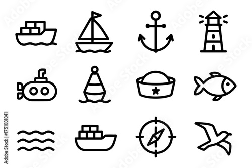 Nautical icons set featuring boats, anchor, lighthouse and marine symbols in black outline style