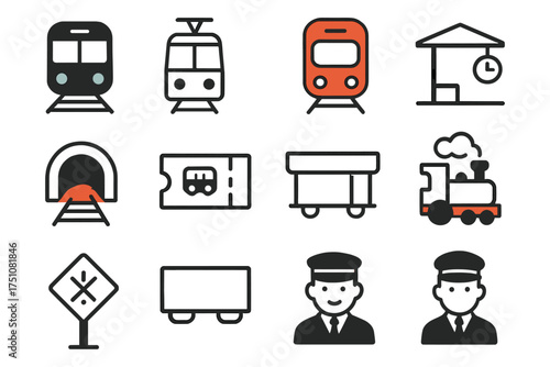 Minimalist train icons collection featuring locomotives, tickets, and conductors
