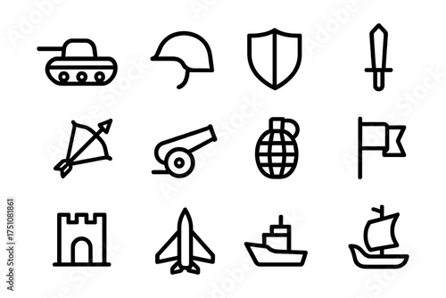 Military and warfare icons in linear style: tank, helmet, shield, and more