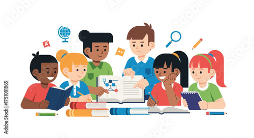 Diverse group of children engaged in collaborative learning and reading activities.