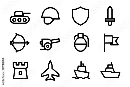 Military and defense icon set featuring weapons and transport in simple outline design