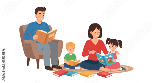 Family reading books together father in armchair mother and children on floor.
