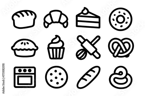 Linear icons of baked goods and pastry illustrating bakery essentials