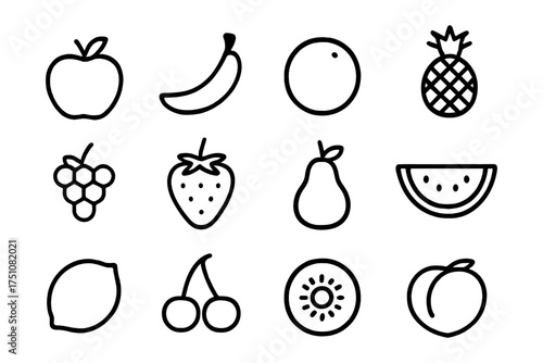 Minimalist fruit icons set in black and white line art style