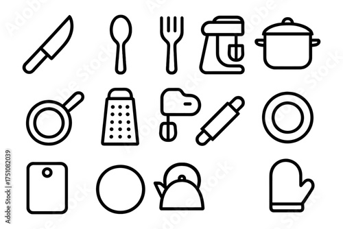 Minimalist kitchen utensils set with line art style for modern cooking themes
