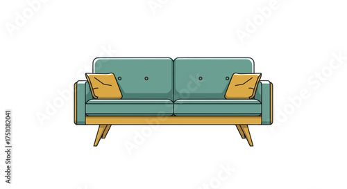 Teal Mid-Century Modern Sofa with Two Yellow Pillows.