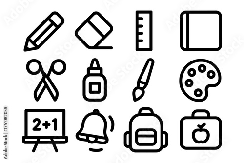 Essential school supplies icons set in bold linear style for education themes