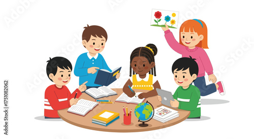Diverse Group of Children Learning and Studying Together at a Round Table.