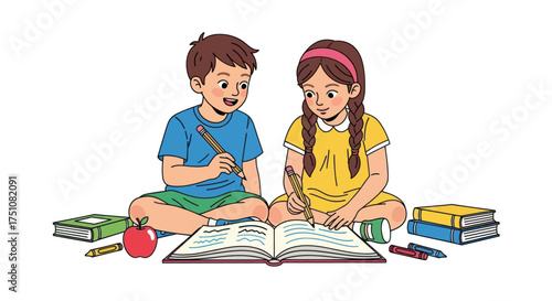 Two young children a boy and a girl sitting on the floor studying together from an open book.