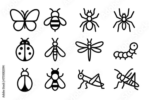 Minimalist insect icon set featuring butterfly, bee, ant, dragonfly, and more