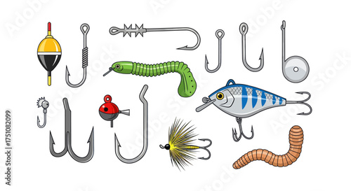 Colorful Fishing Tackle Set Illustration with Hooks Lures and Bobbers.
