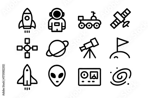 Space exploration icons featuring rockets, astronaut, and telescope in outline style