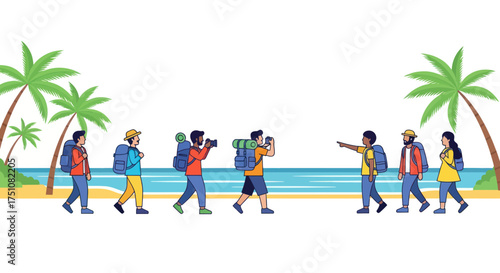 Diverse group of travelers with backpacks walking along a tropical beach.