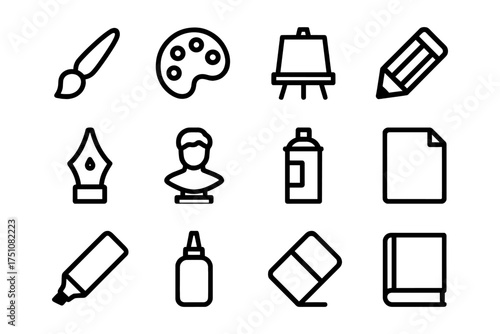 Creative art icons: tools and supplies in simple linear style for design projects