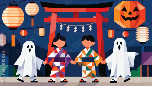 Illustration Of Japanese Halloween Festival, Children Wearing Ghost-Themed Yukata Vector Design Template