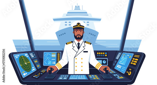 Confident Ship Captain in Uniform at the Helm of a Modern Bridge.