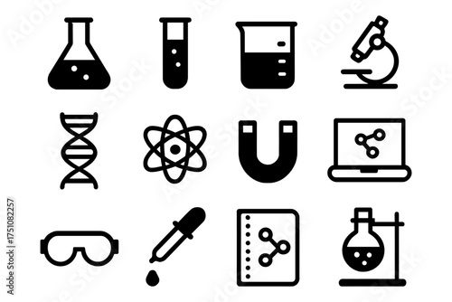 Science icons set: laboratory equipment and symbols in black