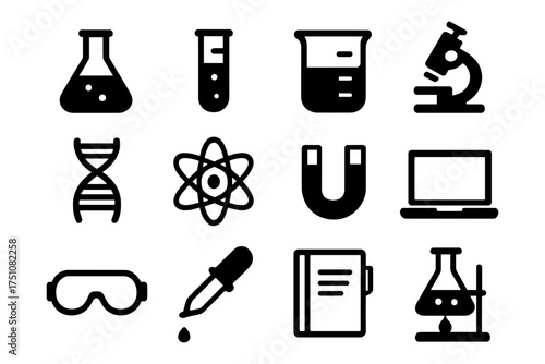 Science icon set featuring lab equipment and scientific symbols
