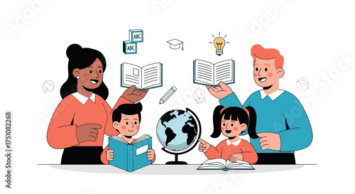 Cartoon Illustration of Teachers and Students Learning Together.