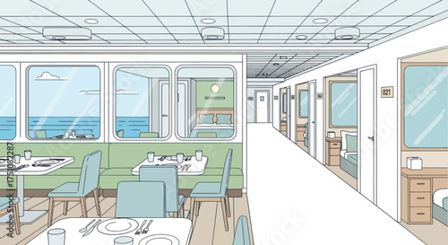 Detailed line art illustration of a cruise ship interior showing dining area ocean view and cabin hallway.