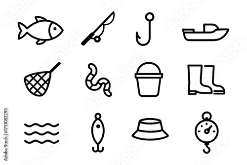 Fishing essentials icons: simplistic line art collection for angling enthusiasts
