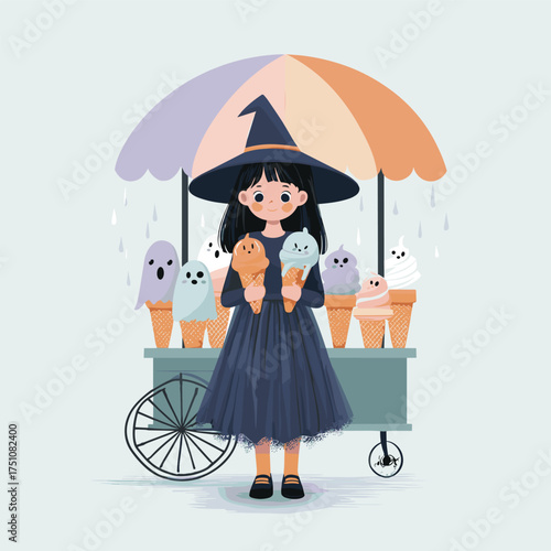 cute girl witch ice cream vendor holding spooky soft serve cones shaped like ghost faces vector illustration