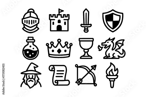 Medieval themed icons set featuring knight, castle, and wizard in bold line art