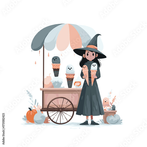 cute girl witch ice cream vendor holding spooky soft serve cones shaped like ghost faces vector illustration