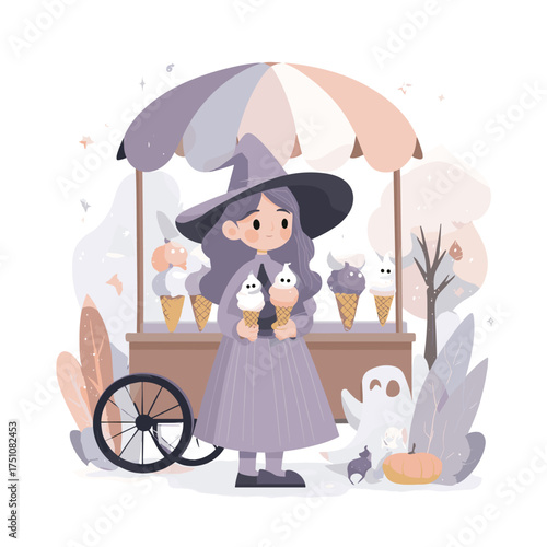 cute girl witch ice cream vendor holding spooky soft serve cones shaped like ghost faces vector illustration