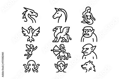 Mythical creatures collection with dragon, unicorn, mermaid, and more in simple outline style