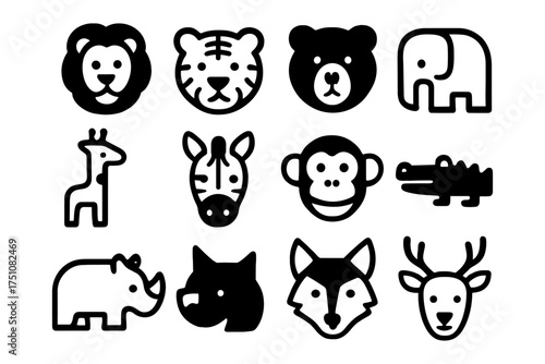 Simplified animal icons set featuring zoo and safari creatures in bold black and white style