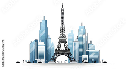 Iconic Eiffel Tower amidst a modern cityscape of skyscrapers.